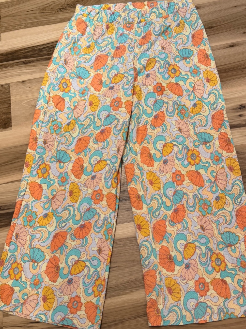 Women’s Wide Leg Retro Hippie Boho Floral Wave Pants Orange Yellow Teal Large